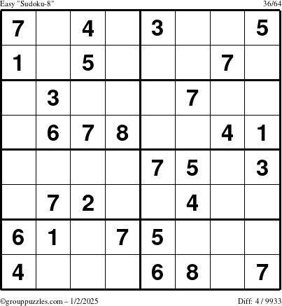 The grouppuzzles.com Easy Sudoku-8 puzzle for Thursday January 2, 2025