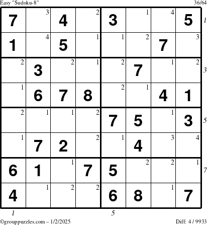 The grouppuzzles.com Easy Sudoku-8 puzzle for Thursday January 2, 2025 with all 4 steps marked