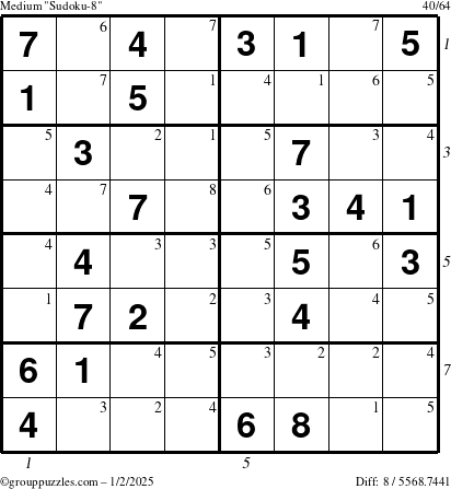 The grouppuzzles.com Medium Sudoku-8 puzzle for Thursday January 2, 2025 with all 8 steps marked