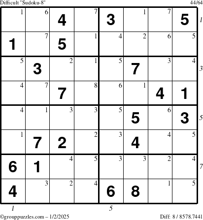 The grouppuzzles.com Difficult Sudoku-8 puzzle for Thursday January 2, 2025 with all 8 steps marked