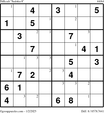 The grouppuzzles.com Difficult Sudoku-8 puzzle for Thursday January 2, 2025 with the first 3 steps marked