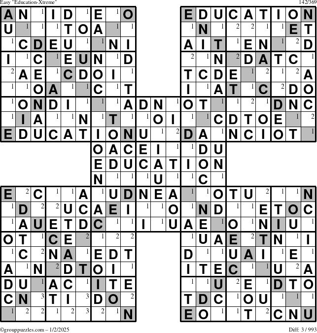 The grouppuzzles.com Easy Education-Xtreme puzzle for Thursday January 2, 2025 with the first 3 steps marked