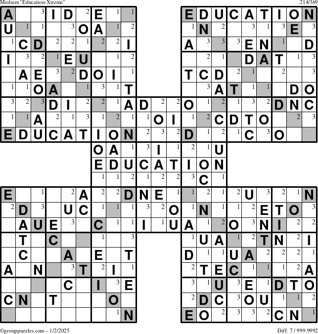 The grouppuzzles.com Medium Education-Xtreme puzzle for Thursday January 2, 2025 with the first 3 steps marked