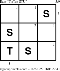 The grouppuzzles.com Easy TicTac-STU puzzle for Thursday January 2, 2025 with all 2 steps marked