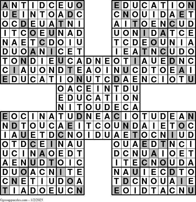 The grouppuzzles.com Answer grid for the Education-Xtreme puzzle for Thursday January 2, 2025