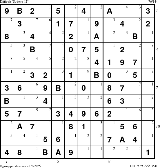 The grouppuzzles.com Difficult Sudoku-12 puzzle for Thursday January 2, 2025 with all 9 steps marked