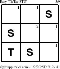 The grouppuzzles.com Easy TicTac-STU puzzle for Thursday January 2, 2025 with the first 2 steps marked