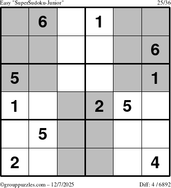 The grouppuzzles.com Easy SuperSudoku-Junior puzzle for Sunday December 7, 2025