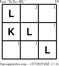 The grouppuzzles.com Easy TicTac-JKL puzzle for Sunday December 7, 2025 with the first 2 steps marked