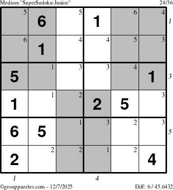 The grouppuzzles.com Medium SuperSudoku-Junior puzzle for Sunday December 7, 2025, suitable for printing, with all 6 steps marked