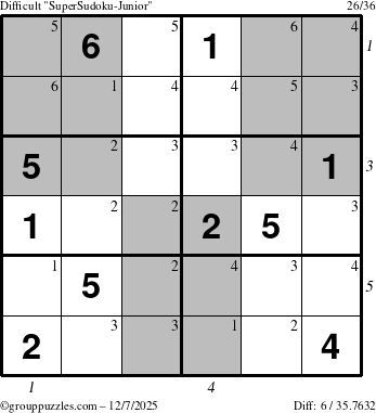 The grouppuzzles.com Difficult SuperSudoku-Junior puzzle for Sunday December 7, 2025, suitable for printing, with all 6 steps marked