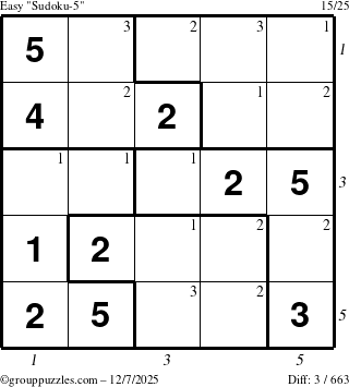 The grouppuzzles.com Easy Sudoku-5 puzzle for Sunday December 7, 2025, suitable for printing, with all 3 steps marked