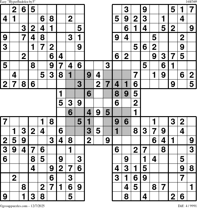 The grouppuzzles.com Easy HyperSudoku-by5 puzzle for Sunday December 7, 2025