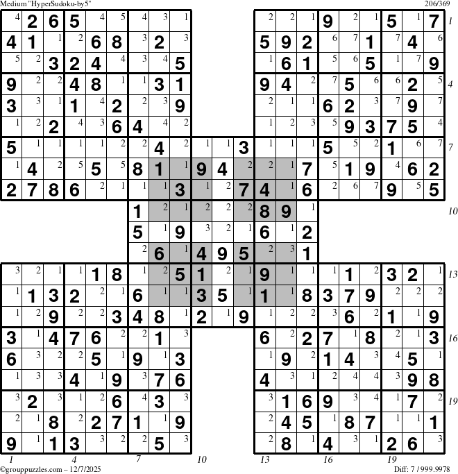 The grouppuzzles.com Medium HyperSudoku-by5 puzzle for Sunday December 7, 2025, suitable for printing, with all 7 steps marked