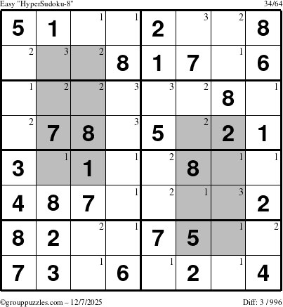 The grouppuzzles.com Easy HyperSudoku-8 puzzle for Sunday December 7, 2025 with the first 3 steps marked