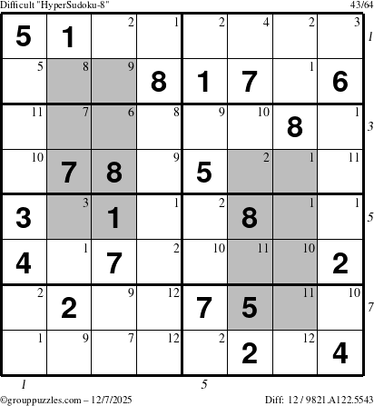 The grouppuzzles.com Difficult HyperSudoku-8 puzzle for Sunday December 7, 2025 with all 12 steps marked