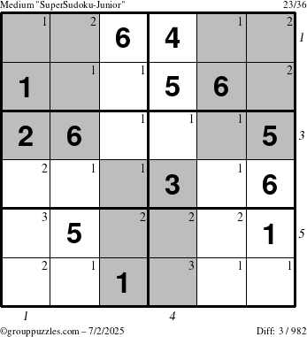 The grouppuzzles.com Medium SuperSudoku-Junior puzzle for Wednesday July 2, 2025, suitable for printing, with all 3 steps marked