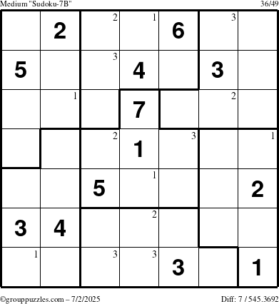 The grouppuzzles.com Medium Sudoku-7B puzzle for Wednesday July 2, 2025 with the first 3 steps marked