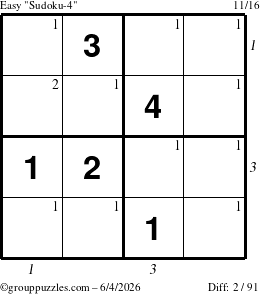 The grouppuzzles.com Easy Sudoku-4 puzzle for Thursday June 4, 2026, suitable for printing, with all 2 steps marked