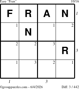The grouppuzzles.com Easy Fran puzzle for Thursday June 4, 2026, suitable for printing, with all 3 steps marked