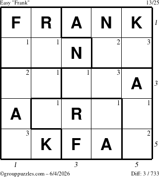 The grouppuzzles.com Easy Frank puzzle for Thursday June 4, 2026 with all 3 steps marked