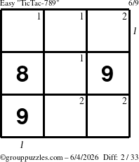 The grouppuzzles.com Easy TicTac-789 puzzle for Thursday June 4, 2026, suitable for printing, with all 2 steps marked