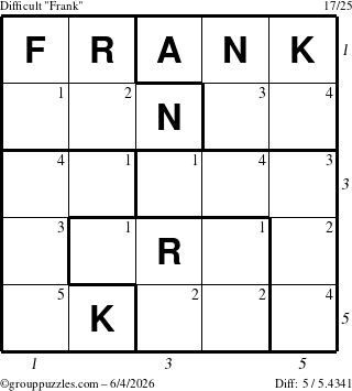 The grouppuzzles.com Difficult Frank puzzle for Thursday June 4, 2026, suitable for printing, with all 5 steps marked