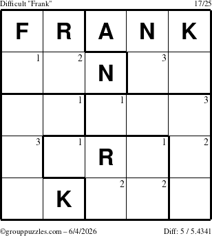 The grouppuzzles.com Difficult Frank puzzle for Thursday June 4, 2026 with the first 3 steps marked