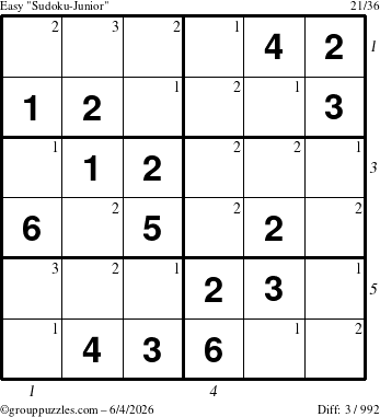 The grouppuzzles.com Easy Sudoku-Junior puzzle for Thursday June 4, 2026, suitable for printing, with all 3 steps marked