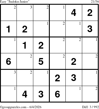 The grouppuzzles.com Easy Sudoku-Junior puzzle for Thursday June 4, 2026 with the first 3 steps marked