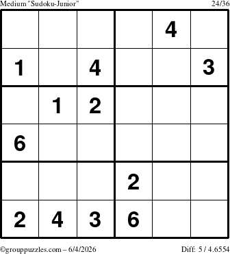 The grouppuzzles.com Medium Sudoku-Junior puzzle for Thursday June 4, 2026