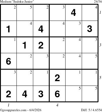 The grouppuzzles.com Medium Sudoku-Junior puzzle for Thursday June 4, 2026 with all 5 steps marked