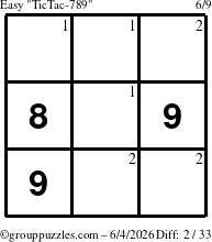 The grouppuzzles.com Easy TicTac-789 puzzle for Thursday June 4, 2026 with the first 2 steps marked
