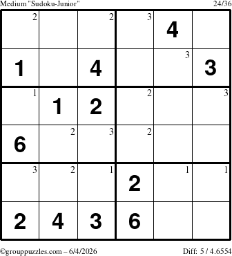 The grouppuzzles.com Medium Sudoku-Junior puzzle for Thursday June 4, 2026 with the first 3 steps marked