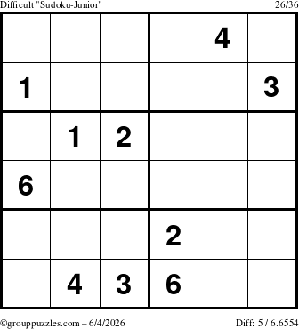 The grouppuzzles.com Difficult Sudoku-Junior puzzle for Thursday June 4, 2026