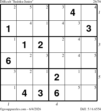 The grouppuzzles.com Difficult Sudoku-Junior puzzle for Thursday June 4, 2026 with all 5 steps marked