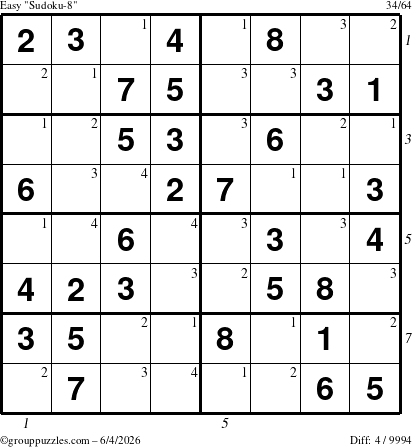 The grouppuzzles.com Easy Sudoku-8 puzzle for Thursday June 4, 2026 with all 4 steps marked
