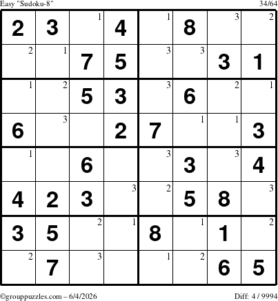 The grouppuzzles.com Easy Sudoku-8 puzzle for Thursday June 4, 2026 with the first 3 steps marked