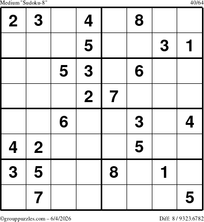 The grouppuzzles.com Medium Sudoku-8 puzzle for Thursday June 4, 2026