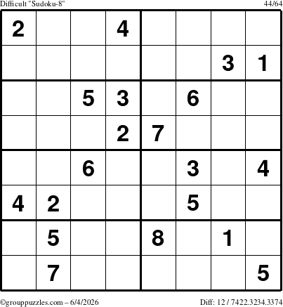 The grouppuzzles.com Difficult Sudoku-8 puzzle for Thursday June 4, 2026