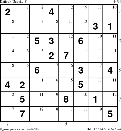 The grouppuzzles.com Difficult Sudoku-8 puzzle for Thursday June 4, 2026, suitable for printing, with all 12 steps marked