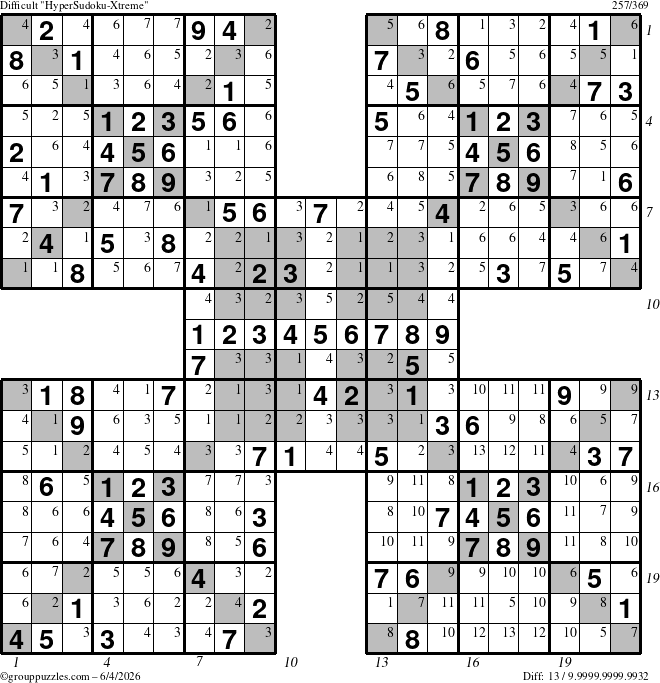 The grouppuzzles.com Difficult cover-HyperXtreme puzzle for Thursday June 4, 2026, suitable for printing, with all 13 steps marked