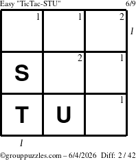 The grouppuzzles.com Easy TicTac-STU puzzle for Thursday June 4, 2026, suitable for printing, with all 2 steps marked