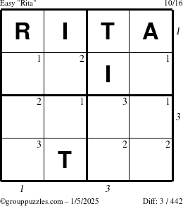 The grouppuzzles.com Easy Rita puzzle for Sunday January 5, 2025 with all 3 steps marked