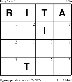 The grouppuzzles.com Easy Rita puzzle for Sunday January 5, 2025 with the first 3 steps marked