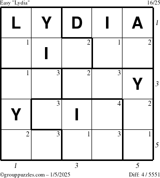 The grouppuzzles.com Easy Lydia puzzle for Sunday January 5, 2025 with all 4 steps marked