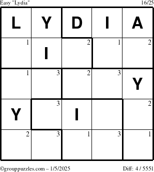 The grouppuzzles.com Easy Lydia puzzle for Sunday January 5, 2025 with the first 3 steps marked