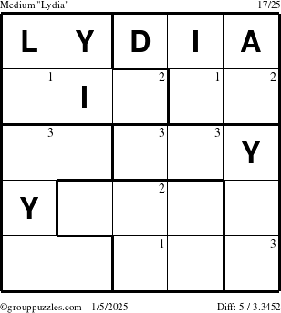 The grouppuzzles.com Medium Lydia puzzle for Sunday January 5, 2025 with the first 3 steps marked