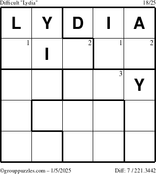 The grouppuzzles.com Difficult Lydia puzzle for Sunday January 5, 2025 with the first 3 steps marked