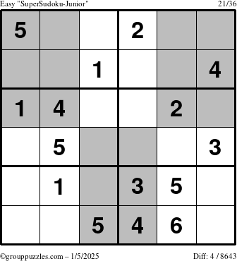 The grouppuzzles.com Easy SuperSudoku-Junior puzzle for Sunday January 5, 2025